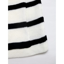 Casual Black White Striped round Neck Sweater Cardigan
