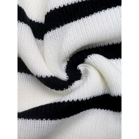 Casual Black White Striped round Neck Sweater Cardigan