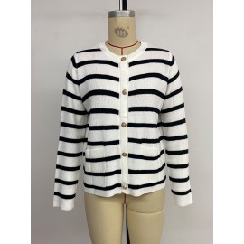 Casual Black White Striped round Neck Sweater Cardigan