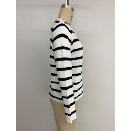 Casual Black White Striped round Neck Sweater Cardigan
