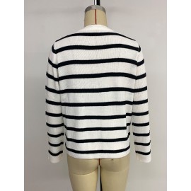 Casual Black White Striped round Neck Sweater Cardigan