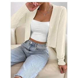 Fashionable Knitted Cardigan Women Spring Autumn round Neck Slim Short Solid Color Sweater Coat