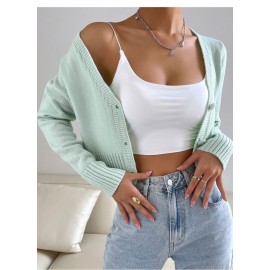 Fashionable Knitted Cardigan Women Spring Autumn round Neck Slim Short Solid Color Sweater Coat