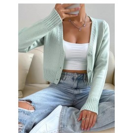 Fashionable Knitted Cardigan Women Spring Autumn round Neck Slim Short Solid Color Sweater Coat