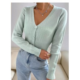 Fashionable Knitted Cardigan Women Spring Autumn round Neck Slim Short Solid Color Sweater Coat