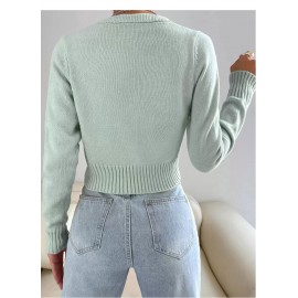 Fashionable Knitted Cardigan Women Spring Autumn round Neck Slim Short Solid Color Sweater Coat
