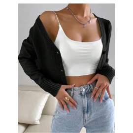Fashionable Knitted Cardigan Women Spring Autumn round Neck Slim Short Solid Color Sweater Coat