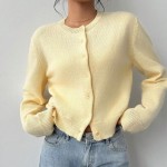 Fashionable Knitted Cardigan Women round Neck Long Sleeve Solid Color Sweater Spring Slim Fit Top