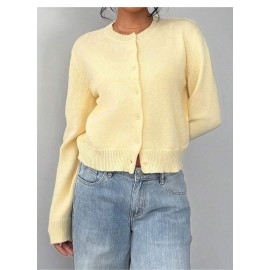 Fashionable Knitted Cardigan Women round Neck Long Sleeve Solid Color Sweater Spring Slim Fit Top