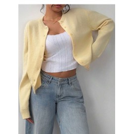 Fashionable Knitted Cardigan Women round Neck Long Sleeve Solid Color Sweater Spring Slim Fit Top