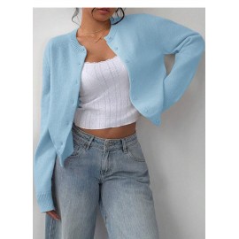 Fashionable Knitted Cardigan Women round Neck Long Sleeve Solid Color Sweater Spring Slim Fit Top