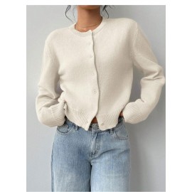 Fashionable Knitted Cardigan Women round Neck Long Sleeve Solid Color Sweater Spring Slim Fit Top