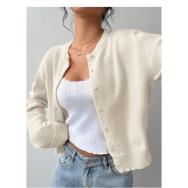 Fashionable Knitted Cardigan Women round Neck Long Sleeve Solid Color Sweater Spring Slim Fit Top