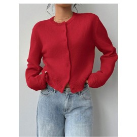 Fashionable Knitted Cardigan Women round Neck Long Sleeve Solid Color Sweater Spring Slim Fit Top