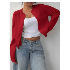 Fashionable Knitted Cardigan Women round Neck Long Sleeve Solid Color Sweater Spring Slim Fit Top
