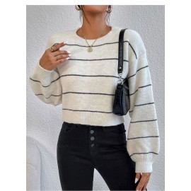 Women Clothing Alpaca Fleece Fiber Soft Glutinous Sweater Striped Lazy Casual Pullover Knitwear Top Women
