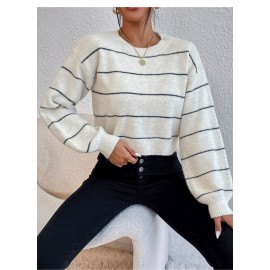 Women Clothing Alpaca Fleece Fiber Soft Glutinous Sweater Striped Lazy Casual Pullover Knitwear Top Women