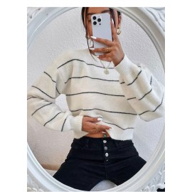 Women Clothing Alpaca Fleece Fiber Soft Glutinous Sweater Striped Lazy Casual Pullover Knitwear Top Women