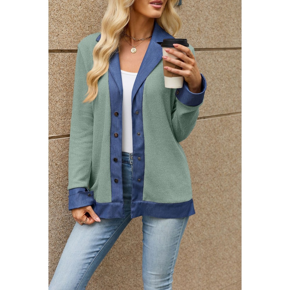 Autumn Winter Denim Contrast Color Lapels Button Loose Long Sleeve Sweatershirt Women