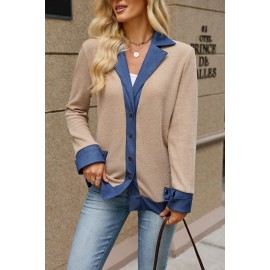 Autumn Winter Denim Contrast Color Lapels Button Loose Long Sleeve Sweatershirt Women