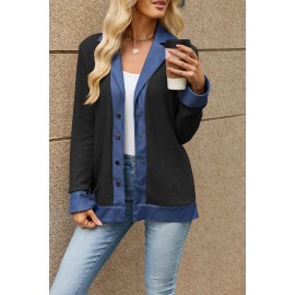 Autumn Winter Denim Contrast Color Lapels Button Loose Long Sleeve Sweatershirt Women