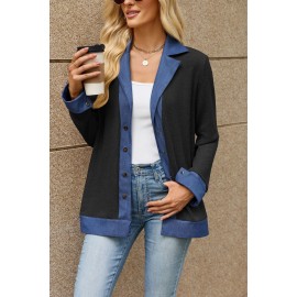 Autumn Winter Denim Contrast Color Lapels Button Loose Long Sleeve Sweatershirt Women