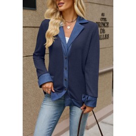 Autumn Winter Denim Contrast Color Lapels Button Loose Long Sleeve Sweatershirt Women