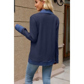 Autumn Winter Denim Contrast Color Lapels Button Loose Long Sleeve Sweatershirt Women