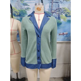 Autumn Winter Denim Contrast Color Lapels Button Loose Long Sleeve Sweatershirt Women