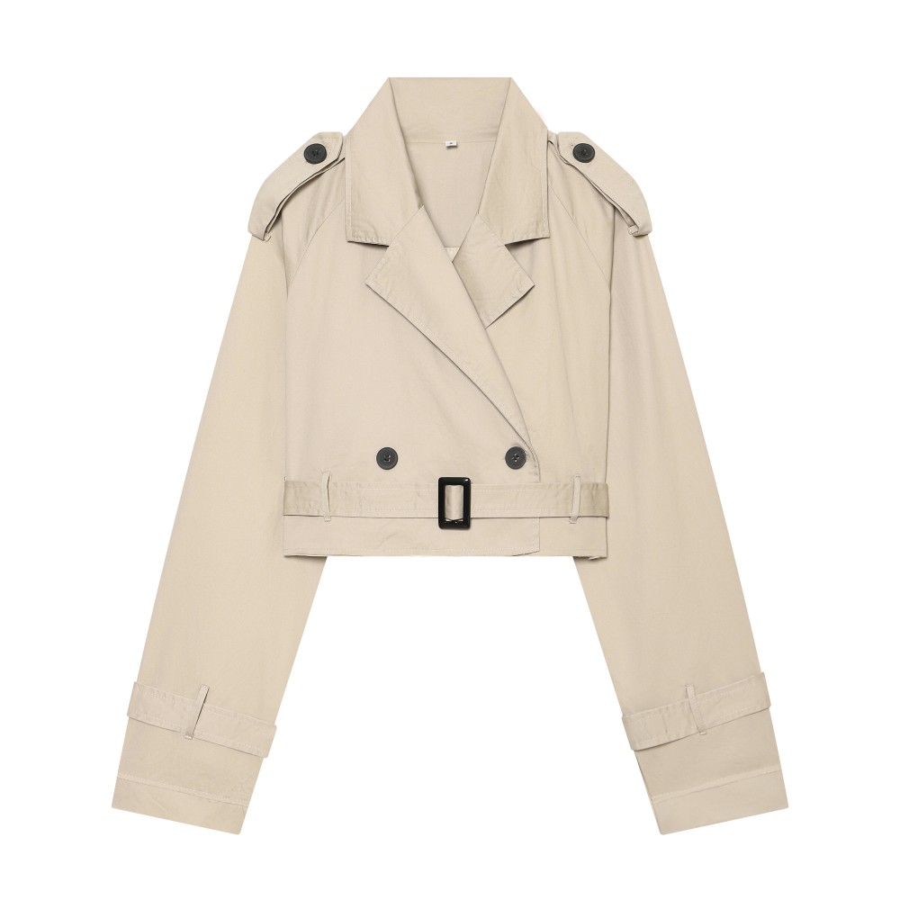 Summer Women Clothes Office Belt Collared Long Sleeve Short Trench Coat