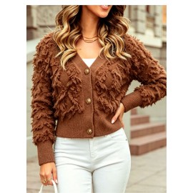 Plush Tassel Short Knitted Cardigan V neck Single Breasted Long Sleeve Texture Sweater Coat Autumn Winter