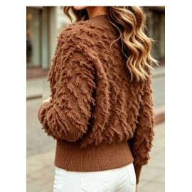 Plush Tassel Short Knitted Cardigan V neck Single Breasted Long Sleeve Texture Sweater Coat Autumn Winter