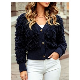 Plush Tassel Short Knitted Cardigan V neck Single Breasted Long Sleeve Texture Sweater Coat Autumn Winter