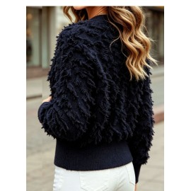 Plush Tassel Short Knitted Cardigan V neck Single Breasted Long Sleeve Texture Sweater Coat Autumn Winter
