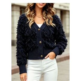 Plush Tassel Short Knitted Cardigan V neck Single Breasted Long Sleeve Texture Sweater Coat Autumn Winter