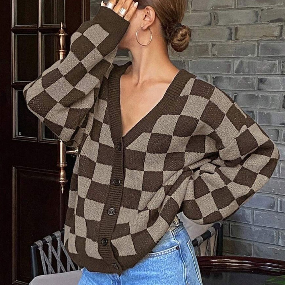Women Checkered Knitted Cardigan Autumn Winter Loose V neck Sweater Coat Fashionable All Match Long Sleeved Top