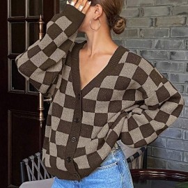 Women Checkered Knitted Cardigan Autumn Winter Loose V neck Sweater Coat Fashionable All Match Long Sleeved Top