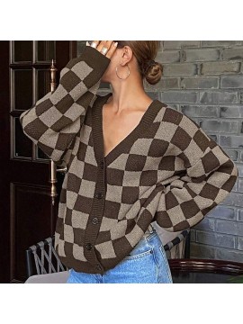 Women Checkered Knitted Cardigan Autumn Winter Loose V neck Sweater Coat Fashionable All Match Long Sleeved Top