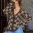 Women Checkered Knitted Cardigan Autumn Winter Loose V neck Sweater Coat Fashionable All Match Long Sleeved Top