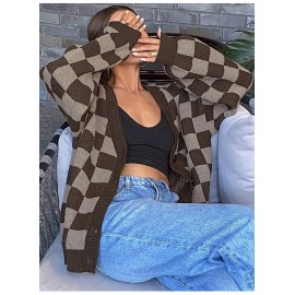Women Checkered Knitted Cardigan Autumn Winter Loose V neck Sweater Coat Fashionable All Match Long Sleeved Top