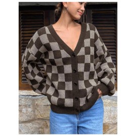 Women Checkered Knitted Cardigan Autumn Winter Loose V neck Sweater Coat Fashionable All Match Long Sleeved Top