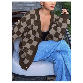 Women Checkered Knitted Cardigan Autumn Winter Loose V neck Sweater Coat Fashionable All Match Long Sleeved Top