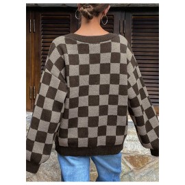 Women Checkered Knitted Cardigan Autumn Winter Loose V neck Sweater Coat Fashionable All Match Long Sleeved Top