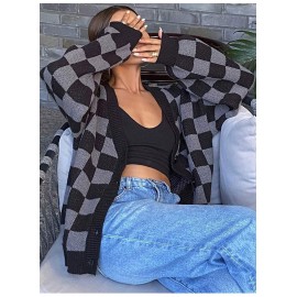 Women Checkered Knitted Cardigan Autumn Winter Loose V neck Sweater Coat Fashionable All Match Long Sleeved Top