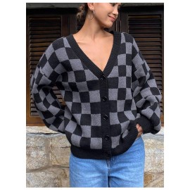 Women Checkered Knitted Cardigan Autumn Winter Loose V neck Sweater Coat Fashionable All Match Long Sleeved Top
