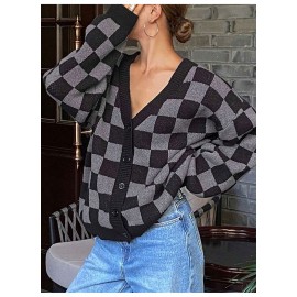 Women Checkered Knitted Cardigan Autumn Winter Loose V neck Sweater Coat Fashionable All Match Long Sleeved Top