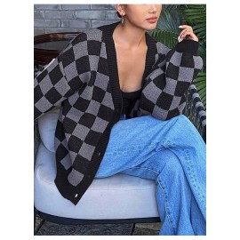 Women Checkered Knitted Cardigan Autumn Winter Loose V neck Sweater Coat Fashionable All Match Long Sleeved Top