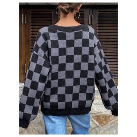 Women Checkered Knitted Cardigan Autumn Winter Loose V neck Sweater Coat Fashionable All Match Long Sleeved Top