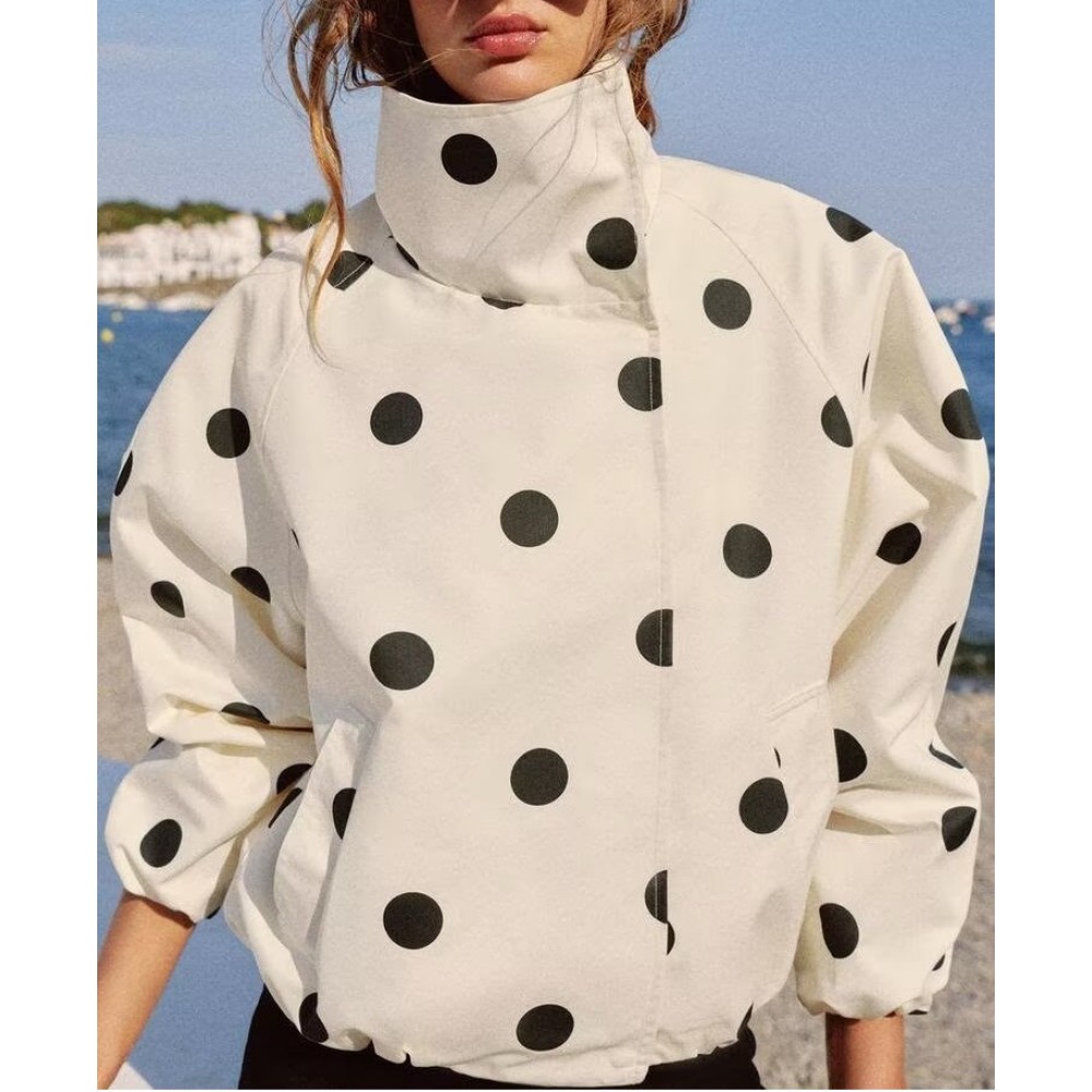 Women Long Sleeve Stand Collar Polka Dot All Match Bomber Jacket Short Coat