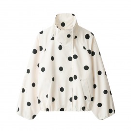 Women Long Sleeve Stand Collar Polka Dot All Match Bomber Jacket Short Coat